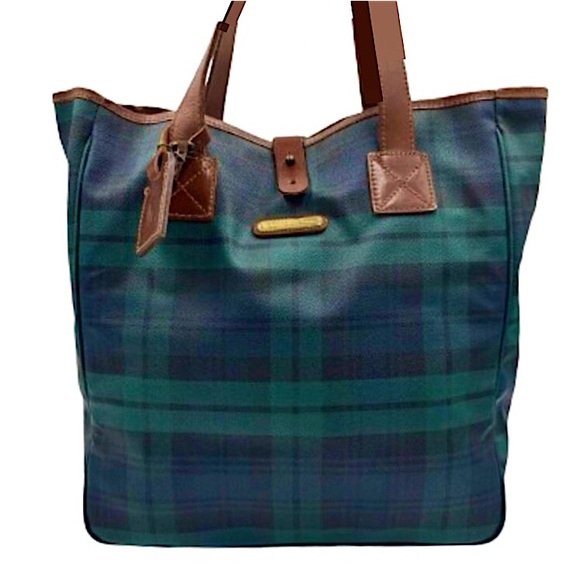 RALPH LAUREN Navy Blue Hunter Green Black Watch Plaid Oversized Camp Tote Bag - Picture 16 of 16